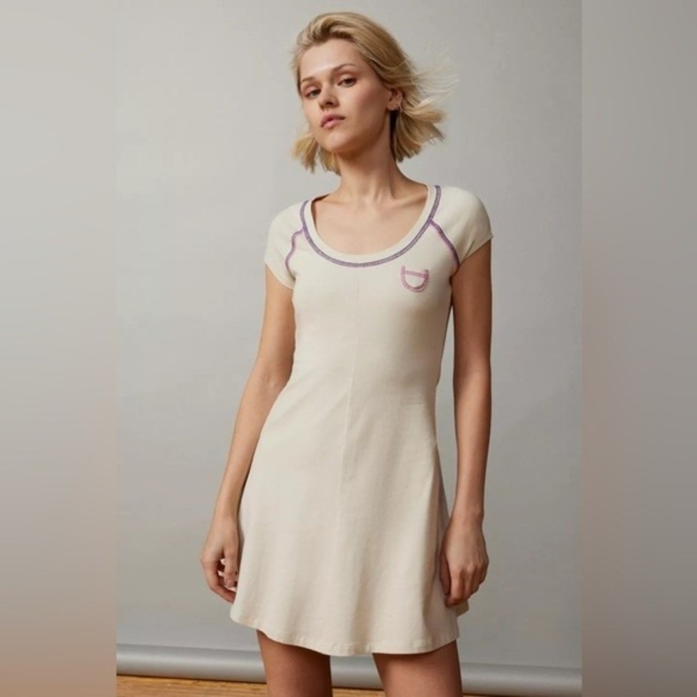 BDG Urban Outfitters Cream Mini Dress L Y2K Contrast Stitch Cap Sleeve Tee Dress
